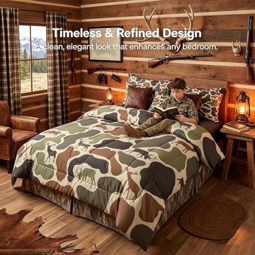 Erosebridal Camo Deer Comforter Set 7 Pcs Camouflage Hunting Deer Bedding Sets for Kids Teens Green Military Army Camo Bed in A Bag Queen Country Hunter Wildlife Sheet Set with Comforter
