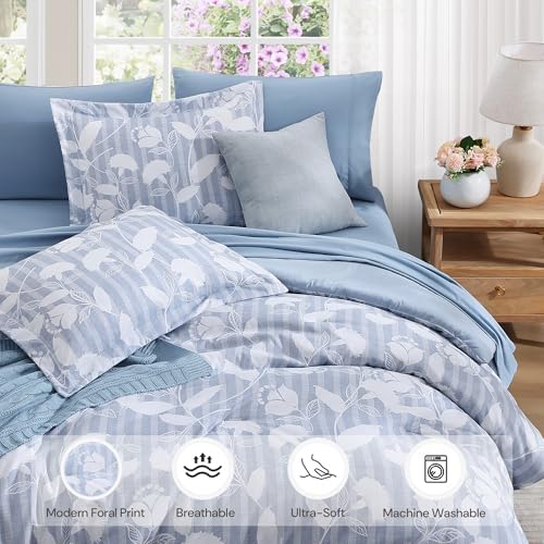 BLOOMHAVEN Queen Comforter Set-7 Pieces Dusk Blue Bed in a Bag Queen