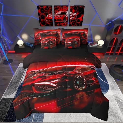 Feelyou Kids Boys Race Car 7 Piece Bedding Set Queen Size Red Sports Car Comforter Set with Sheets for Kids Teens Boys Girls Extreme Sports Theme Bed in a Bag Speed Luxury Car Bed Set