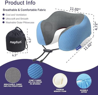 napfun Neck Pillow for Travel, Memory Foam Airplane Pillow, Sky Blue