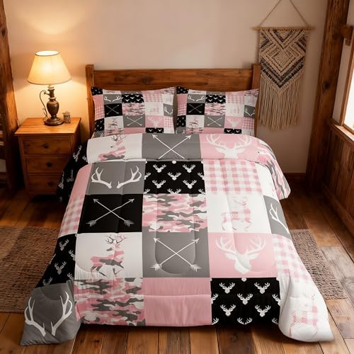 Pink Camo Deer Silhouette Kids Comforter Set King Size,Rustic Farmhouse Animals Hunting Bedding 3pcs for Boys Girls Room Decor,Antlers Boho Arrow Geometric Plaids Patchwork Duvet Insert,2 Pillowcases