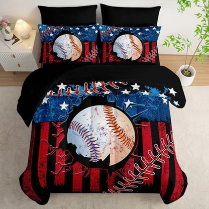 HOSIMA 7Pcs Baseball Twin Comforter Set with Sheets Sports Bedding.