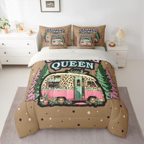 Erosebridal Camper Rv Boys Bed in A Bag Happy Camping Comforter Set with Sheets Vintage Pine Trees 7-Piece Bedding Set Full Size for Kids Teens Men Bedroom Brown Leopard Print Bed Sets