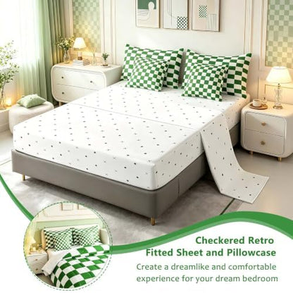 Feelyou Checkered Retro 7 Piece Bedding Set Teen Women Men Green White Plaid Comforter Set with Sheets Full Size Kids Boys Geometric Vintage Bed in a Bag Modern Simple Groovy Aesthetic Room Decor