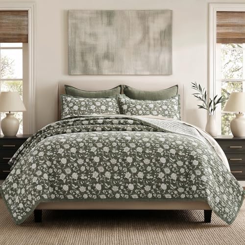 EverGrace 100% Cotton Floral Quilt Set, Queen Size, Sage Green 92"×96"
