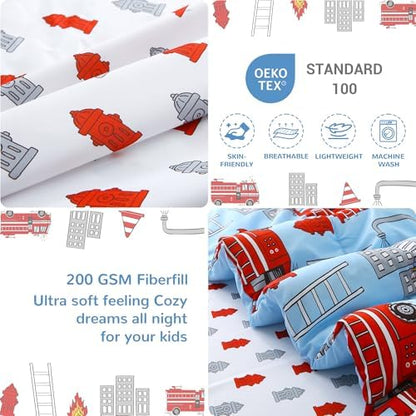 Mooreeke Toddler Bedding Sets for Boys, 4 Pieces Blue Fire Truck Blue
