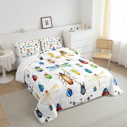 Kids Dragonfly Down Comforter, Ladybug Insect Comforter Set Twin Size for Children Boys Girls Teens, Reptile Pattern Bedding Comforters Colorful Lightweight Duvet Insert Dragonfly Gifts for Women