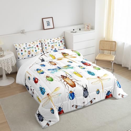 Erosebridal Kids Dragonfly Down Comforter, Ladybug Insect Comforter Set King Size for Children Boys Girls Teens, Reptile Pattern Bedding Comforters Colorful Lightweight Duvet Insert Bed Decorative