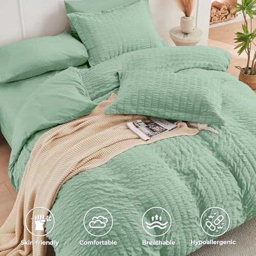 HYMOKEGE Sage Green California King Comforter Set Seersucker 7 Pieces, All Season Luxury Bed in a Bag for Bedroom, Bedding Set with Comforters, Sheets, Pillowcases & Shams