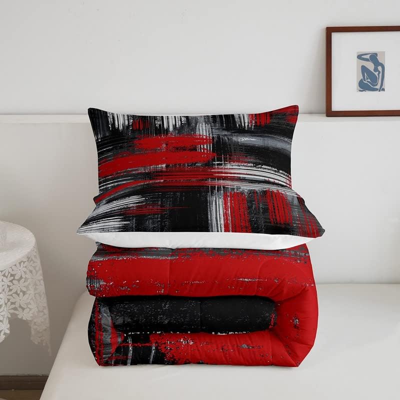 Red Black and Grey Comforter Geometric Artistic Smear Comforter Set Abstract Graffiti Art Bedding Set Contemporary Modern Brush Design Duvet Set Room Decor Quilt Set Full Size