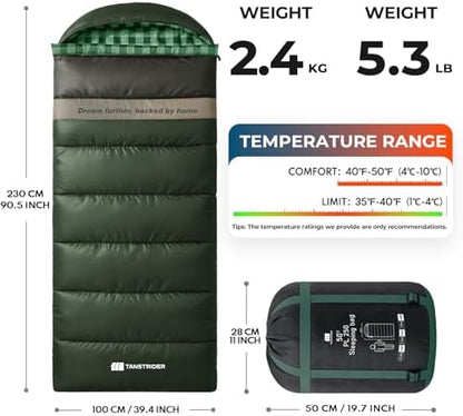 Cotton Flannel XXL Winter Sleeping Bags for Adults Big and Tall,Cold Weather 90x39 Inch Camping Sleep Bag,Waterproof Machine Washable 4 Season Outdoor Camping Gear,2-Way Zipper