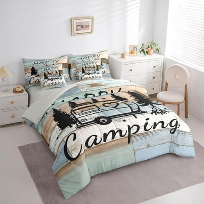 Erosebridal Camper Camping 7 Pieces Bedding Set Twin Size,Cartoon Travel RV Bed in a Bag,Happy Camping Bed Set Includes Comforter,Sheet Set,Pillowcases & Pillow Covers,Retro Wooden Plank Bedroom Decor