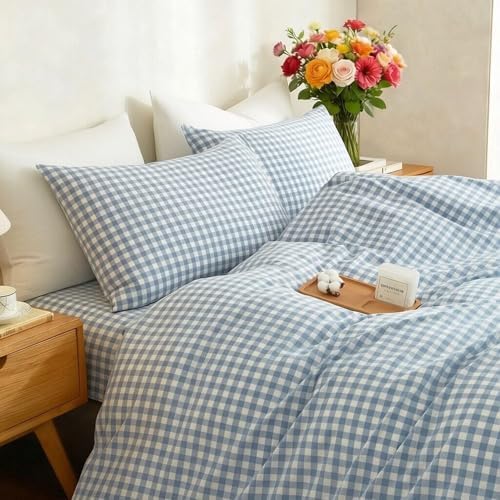 Gingham Duvet Cover Set 3 Piece 100% Washed Cotton Linen Feel Modern Plaid Checkered Bedding Comfy Breathable (Blue/White Gingham, Full)