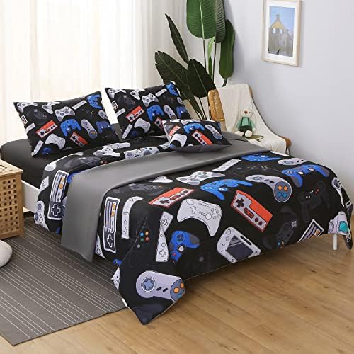 JQinHome Twin Gamer Comforter Set for Boys,6 Piece Bed in A Bag 3D Video Game Bedding -All Season Soft Microfiber Down Alternative Comforter Gamer Bedding Sets for Kids