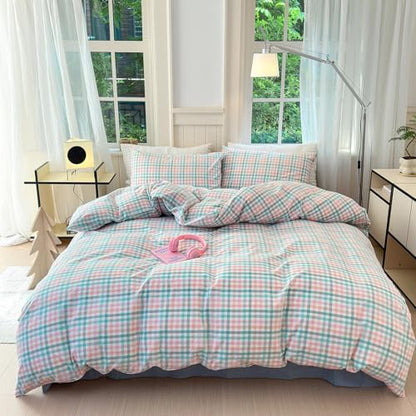 LifeTB Gingham Comforter Set Full Size Colorful Plaid Checkered Pattern Comforter Geometric Grid Plaid Printed Bedding Comforter Set with 2 Pillowcases Luxury Soft Fluffy Gingham Bedding Set Full
