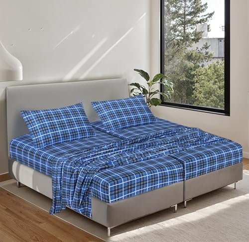RUVANTI Flannel Sheets Set Split King Size, Blue Plaid