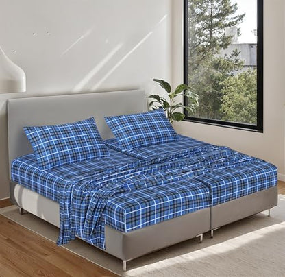 RUVANTI Flannel Sheets Set Split King Size, Blue Plaid