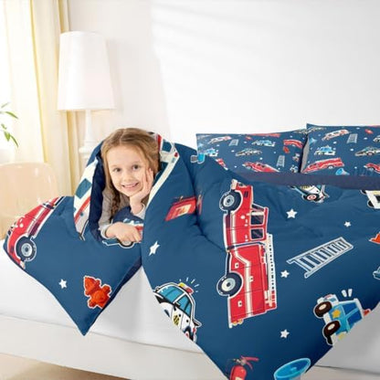 Feelyou Fire Truck Comforter Set Queen Size Police Car Bedding Set for Kids Boys Girls Ambulance Cartoon Car Duvet Quilt Bedroom Decor Microfiber 3 Pcs with 2 Pillow Cases