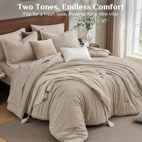 JOLLYVOGUE Khaki Full Comforter Set, Cationic Dyeing Bed in a Bag Full 7 Pieces, Double-Tone Bedding Set with Down Alternative Comforter, Sheets, Pillowcases & Shams