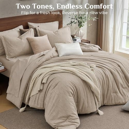 JOLLYVOGUE Khaki King Comforter Set, Cationic Dyeing Bed in a Bag King 7 Pieces, Double-Tone Bedding Set with Down Alternative Comforter, Sheets, Pillowcases & Shams