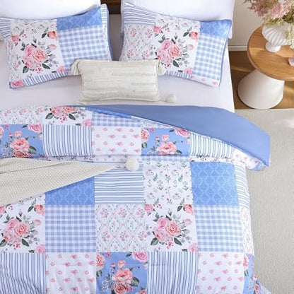 YIKUSH Blue Floral Full Comforter Set, Soft Lightweight All Season Bedding Set for Women Girls, Cozy Cottagecore Botanical Comforter Full Size with 2 Pillow Shams, Breathable Floral Bed Set