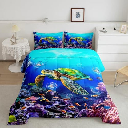 Sea Turtle Comforter Set Queen Size,Ocean Underwater World View Quilt Set Cute Colorful Fish Coral Bedding Set for Kids Girls Boys Adult Room Decor,Blue Hawaii Style Beach Duvet Insert 3Pcs