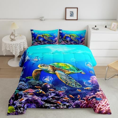 Sea Turtle Comforter Set Twin Size,Ocean Underwater World View Quilt Set Cute Colorful Fish Coral Bedding Set for Kids Girls Boys Adult Room Decor,Blue Hawaii Style Beach Duvet Insert 2Pcs