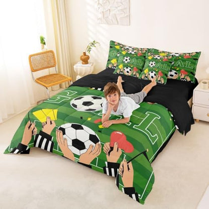 Erosebridal Soccer Gaming Boys Kids Green Football Court King 7-Piece Comforter Set | Ball Games Sheets and Pillowcases Sports Theme Playground Bed in A Bag Striped Bed Sets