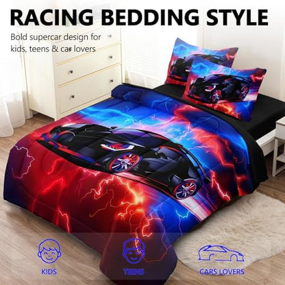 5 Pcs Car Comforter Sets for Boys, Cool Blue Red Lightnings Bed in A Bag Full Size Car Bedding Set for Boys Teens