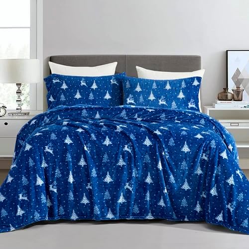 Elegant Comfort Luxuriously Soft 4-Piece Holiday Velvet Plush Flannel Sheet Set - Premium Quality - Cozy Warm, Christmas Fuzzy Velvet Flannel Fleece Deep Pocket Sheet Set - Full, Artic Blue Christmas
