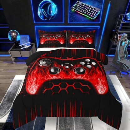 Erosebridal Ombre Art Honeycomb Game Consoles Comforter Set Red Neon Lights Gaming King Bedding Set Geometric Hexagon Beehive Duvet Set Gamer Room Decor for Boys
