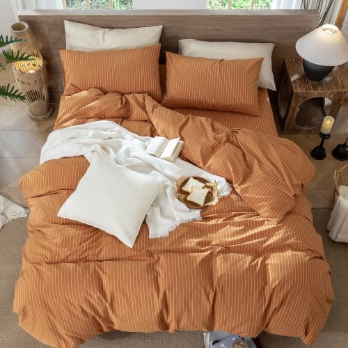 MooMee Striped Duvet Cover Set 100% Washed Cotton Linen Like King
