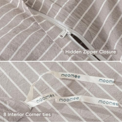 MooMee Striped Duvet Cover Set 100% Washed Cotton Linen Like Queen