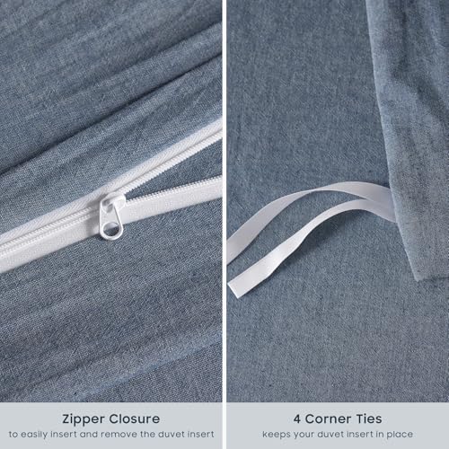 Wake In Cloud - Cotton Duvet Cover Set, 100% Washed Cotton, Linen Like Textured, Breathable Durable Comfy Farmhouse Neutral Bedding Set, 3 Pieces, Denim Blue, King Size