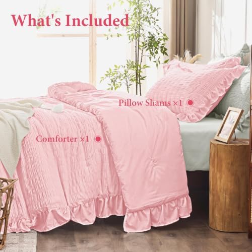 JOLLYVOGUE Pink Twin/Twin XL Comforter Set, 2 Pieces Seersucker Lightweight Fluffy Bedding Set, Twin Ruffle Comforter, All Season Soft Microfiber Shabby Chic Bed Set
