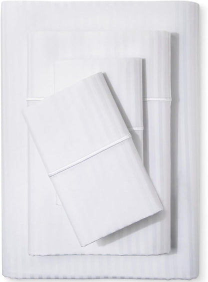 Feather & Stitch 500 TC Queen Size Damask Bed Sheet Set, 100% Cotton Soft Breathable Bedsheets, 4 Piece 18" Deep Pockets Sateen Weave Striped Bedding Mattress Resort Hotel- (White Stripe)