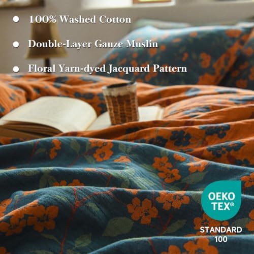 Simple&Opulence Muslin Duvet Cover Set Queen Size, 100% Washed Cotton 3 Pieces Yarn-Dyed Vintage Blue Orange Floral Jacquard Textured Bedding, Soft Breathable Gauze Comforter Cover with Zipper Closure