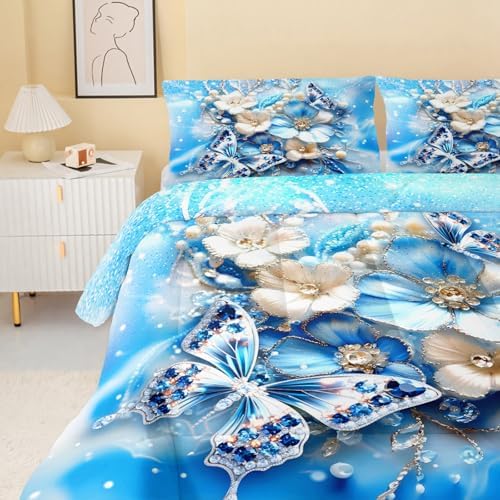 QOOMO Blue Butterfly Kids Comforter Set Twin Size