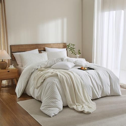 Striped Duvet Cover Set 3 Piece 100% Washed Cotton Linen Like Textured Bedding Comfy Breathable Lightweight (Queen, Wide Stripe-White/Green)