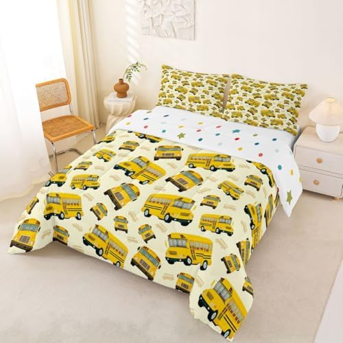 Feelyou Yellow School Bus Comforter Set King Size Cartoon Truck Bedding Set for Kids Boys Girls Transport Vehicles Duvet Quilt Bedroom Decor Microfiber 3 Pcs with 2 Pillow Cases