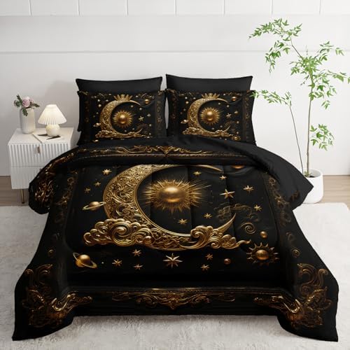 7 Piece Black and Gold Galaxy Comforter Set King Size，Sun and Moon Bedding Set King，(1 Comforter, 1 Flat Sheet, 1 Fitted Sheet, 2 Pillowcase and 2 Pillow Sham)，Astrology Bedroom Decor