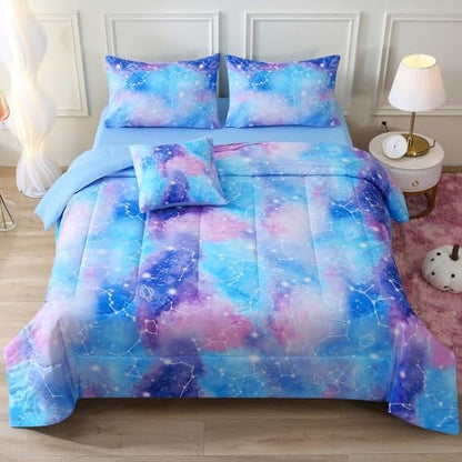 JQinHome Full Gradient Galaxy Comforter Set for Girls,6 Piece Bed in A Bag 3D Colorful Tie Dye Constellation Print Ombre Bedding Set with Sheets(Blue)