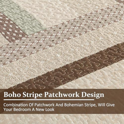 WONGS BEDDING Khaki Quilt Queen Size, Soft Stripe Bedspreads