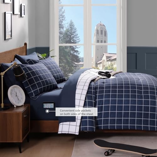 Plaid Twin XL Comforter Set Dark Blue 5 Pieces College Dorm Bed in a Bag