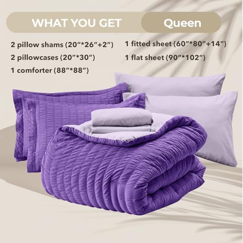 HYMOKEGE Dark Purple/Lavender Queen Comforter Set Seersucker 7 Pieces, All Season Luxury Bed in a Bag Queen for Bedroom, Bedding Set with Comforter, Sheets, Pillowcases & Shams