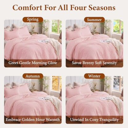 JOLLYVOGUE Pink Seersucker Queen Comforter Set, 3 Pieces Bed in a Bag Comforter Set, Lightweight & Fluffy Bedding Sets Queen for All Season with 1 Ruffle Comforter and 2 Ruffle Pillowshams
