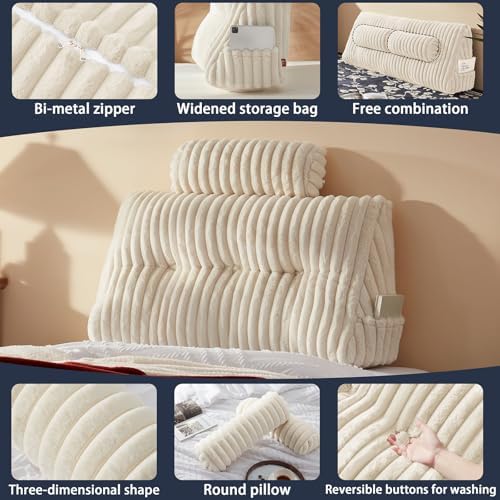 Rycwola Faux Fur Headboard Pillow with 1 Pack Neck Roll Pillow Large Headboard Pillow Soft and Supportive with Removable Cover (Beige, Twin)