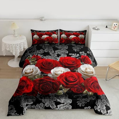 Red and White Rose Print Comforter Set Full Aldults Teens 3D Floral Room Decor Romantic Lace Pattern Bedding Set,Soft Lightweight Modern Flowers Duvet,Youth Young Man Quilt,1 Comforter + 2 Pillowcase