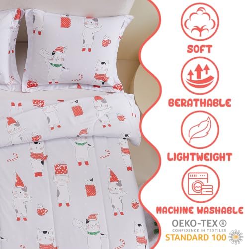 Yibeizi Kids Christmas Bed Comforter Set Twin Cute Cat Printed Xmas Bedding