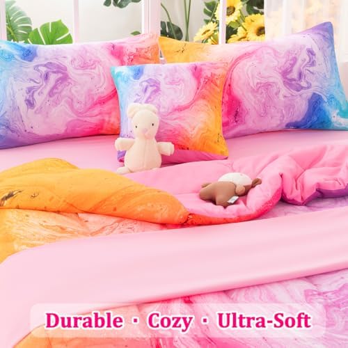 Girls Full Bedding Sets, 6 Pcs Pink Full Szie Comforter Set with Sheets, Watercolor Marble Abstract Art Superior Bedding Set for Girls